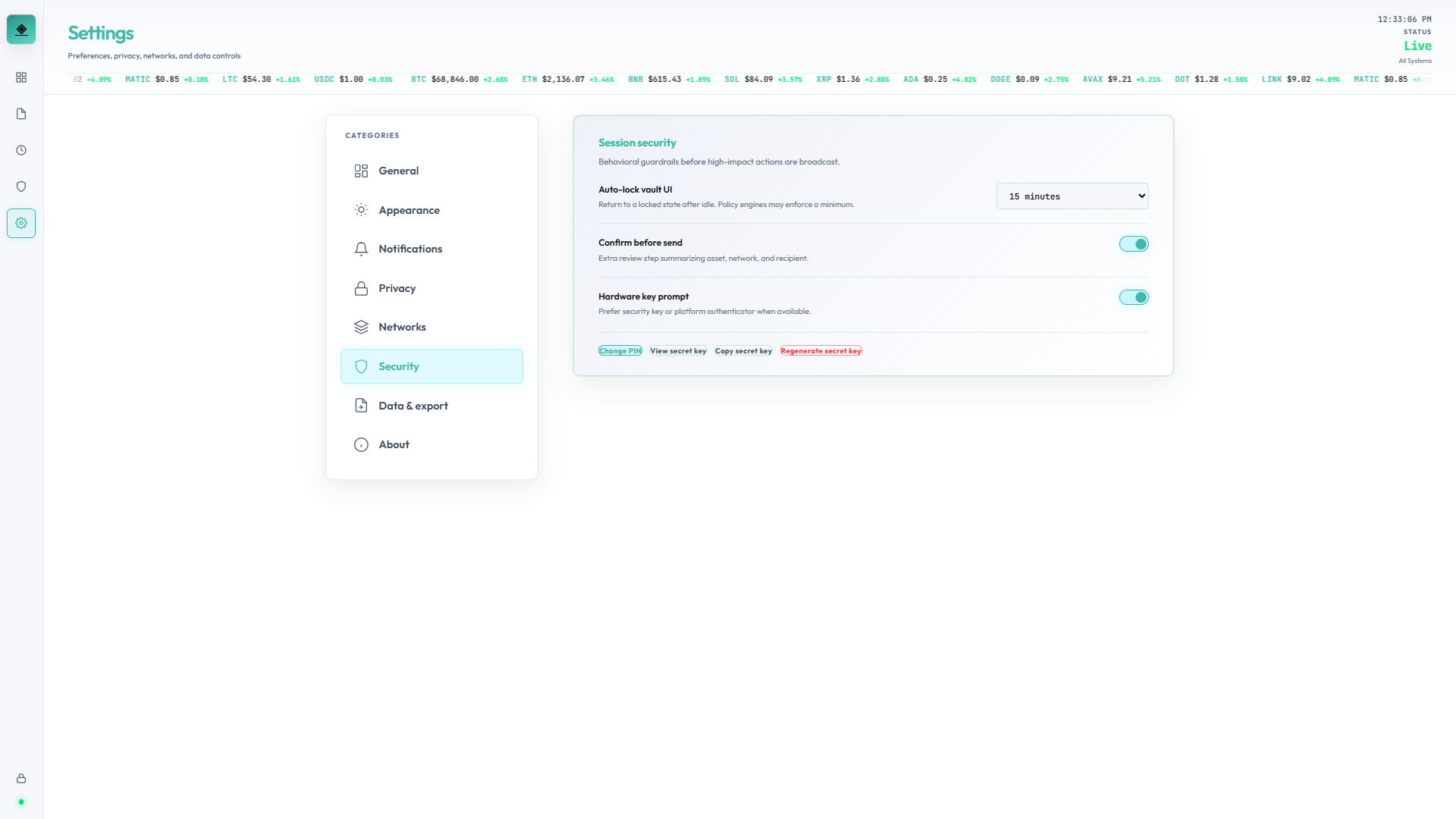 Settings Security, light theme